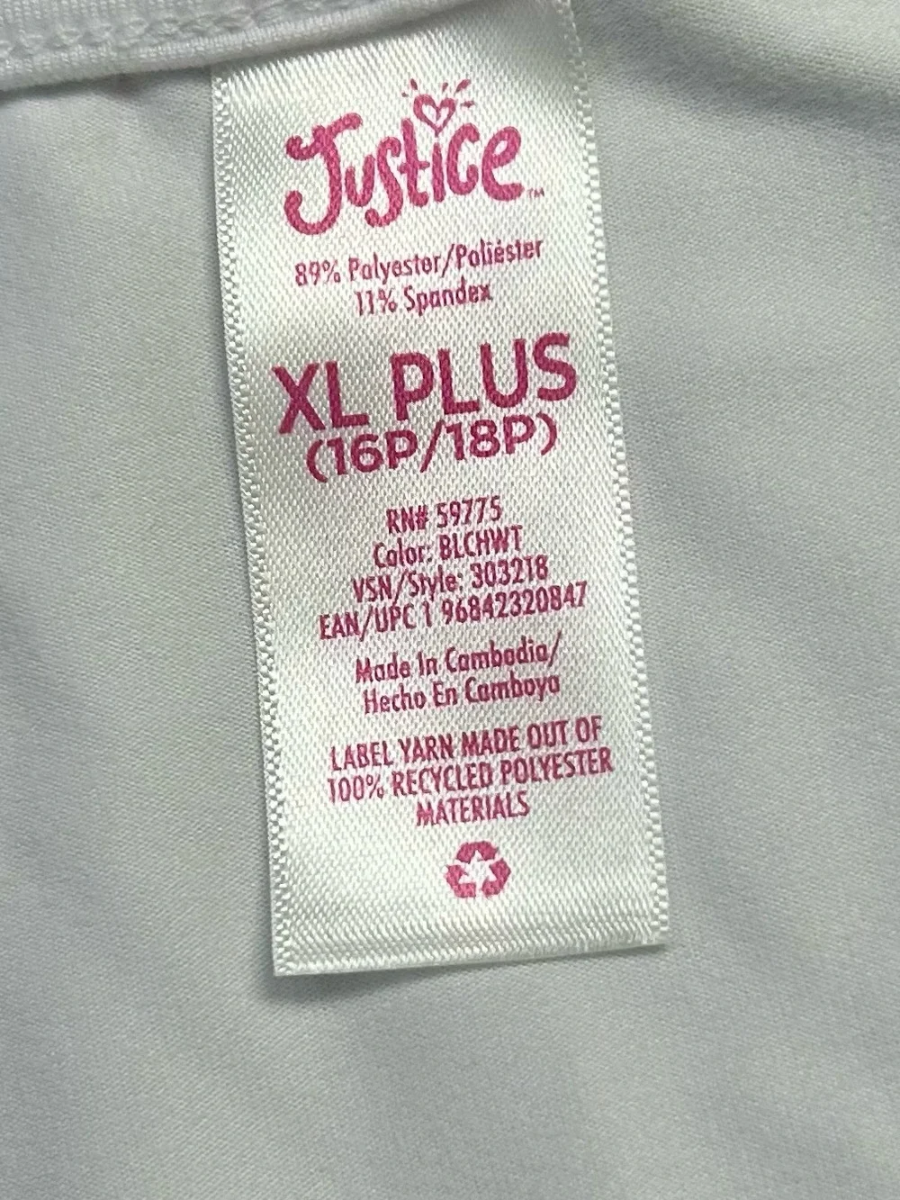 NWT Justice Girls White Scoop Neck Cap Sleeve Top XL Plus 16P/18P
